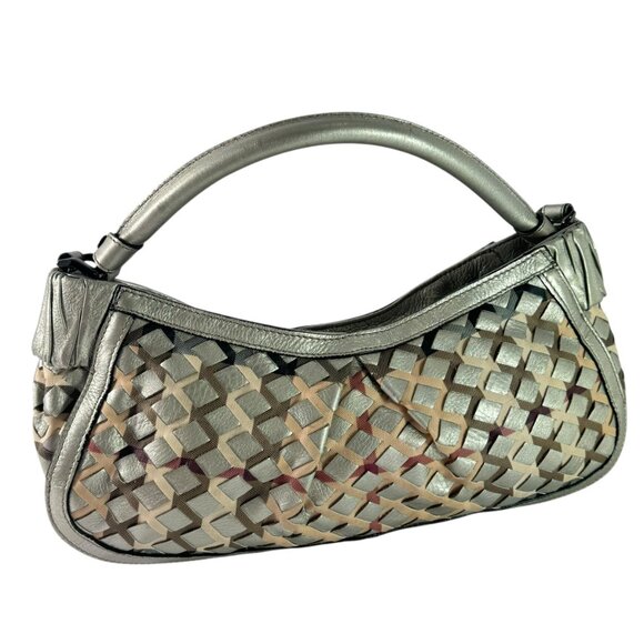 BURBERRY Silver Woven Leather and Nova Check Canvas Shoulder Bag Made in Italy - Picture 10 of 13